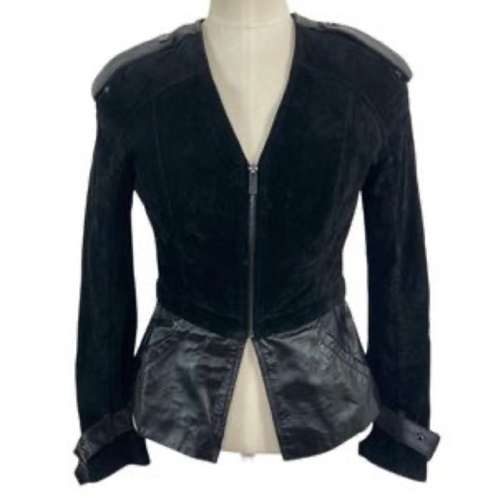 bebe Kate Drop Shoulder Suede & Leather Peplum Convertible Jacket
